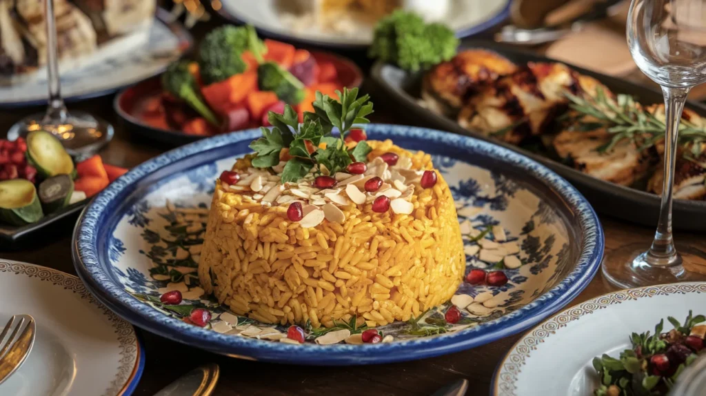 A plated dish of saffron rice garnished with parsley, slivered almonds, and pomegranate seeds, served alongside roasted vegetables and grilled chicken