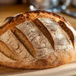 Freshly baked einkorn sourdough bread with a golden crust on a wooden cutting board in natural sunlight.