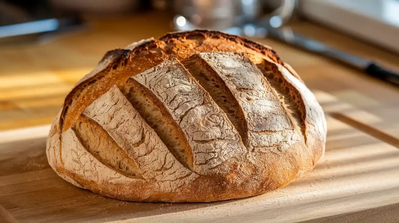 Freshly baked einkorn sourdough bread with a golden crust on a wooden cutting board in natural sunlight.