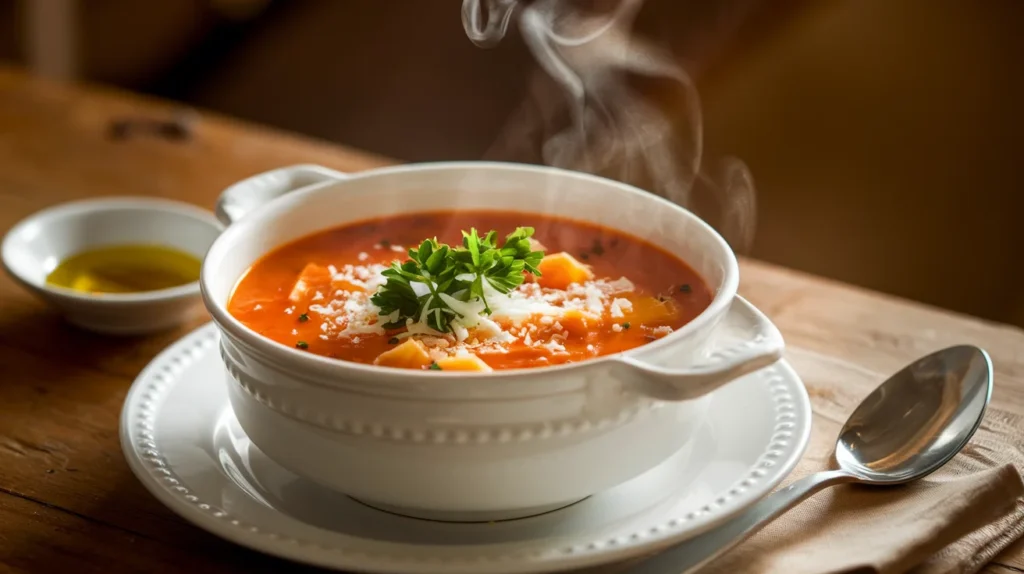 A steaming bowl of Italian Penicillin Soup in a white ceramic bowl, garnished with fresh parsley and Parmesan cheese, placed on a wooden table with olive oil and bread slices nearby."