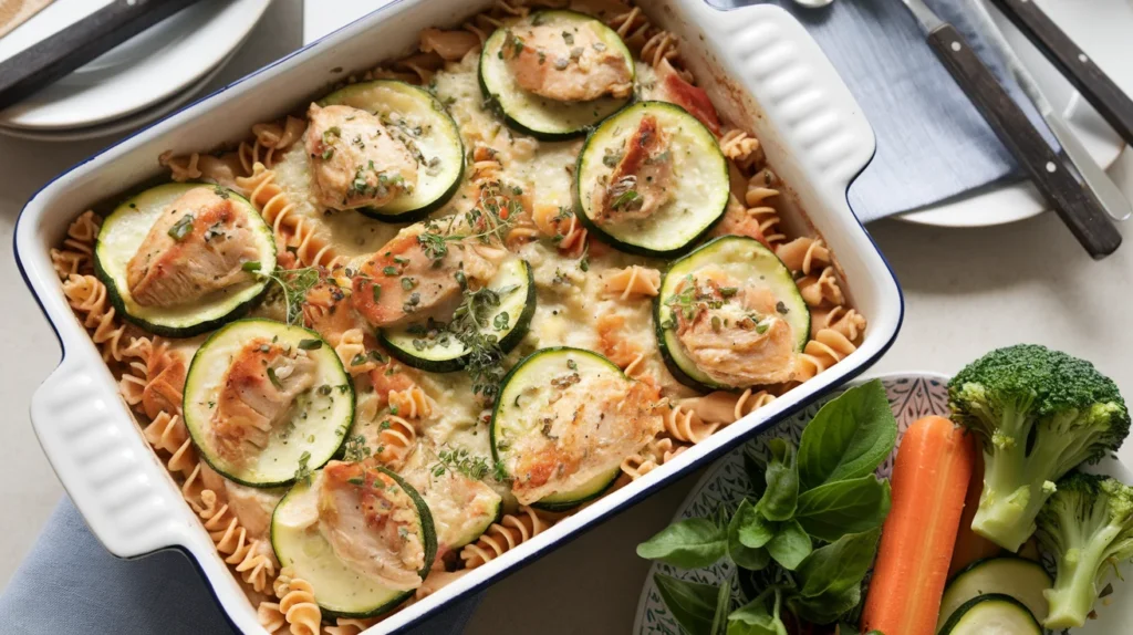 A healthy chicken tetrazzini variation with whole wheat pasta, zucchini slices, and a creamy yogurt-based sauce in a casserole dish, served with fresh vegetables like carrots and broccoli