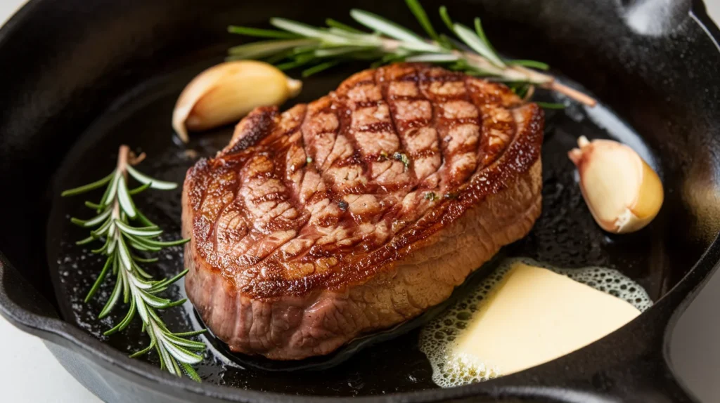 Close-up of a perfectly seared steak in a cast-iron skillet with a golden crust, surrounded by garlic cloves, rosemary, and melting butter.