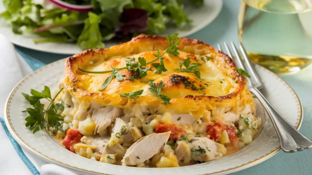 A plated serving of chicken tetrazzini with a golden cheese topping, garnished with parsley, next to a crisp green salad and a glass of white wine.