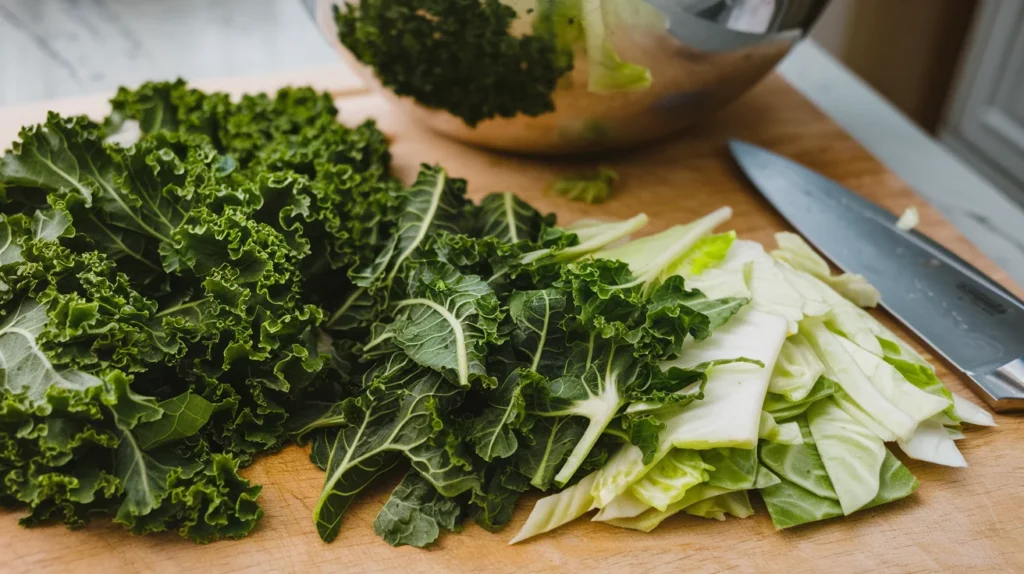 Finely sliced kale and cabbage on a wooden cutting board with a sharp knife beside them, ready to be mixed for a salad.