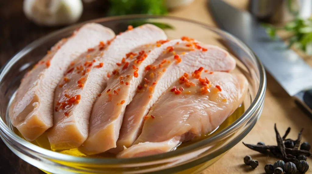 Thinly sliced raw chicken breast marinated in olive oil, garlic, and paprika, displayed in a glass bowl on a wooden countertop with a knife and fresh spices nearby.