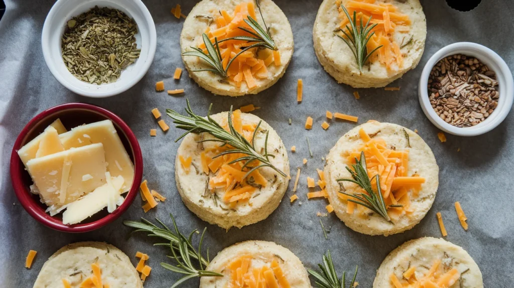 Golden gluten-free biscuits infused with fresh rosemary and cheddar cheese on a parchment-lined baking tray, surrounded by bowls of herbs and spices.