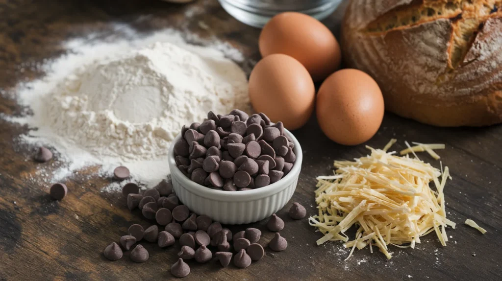 Ingredients for chocolate chip bread on a wooden surface.