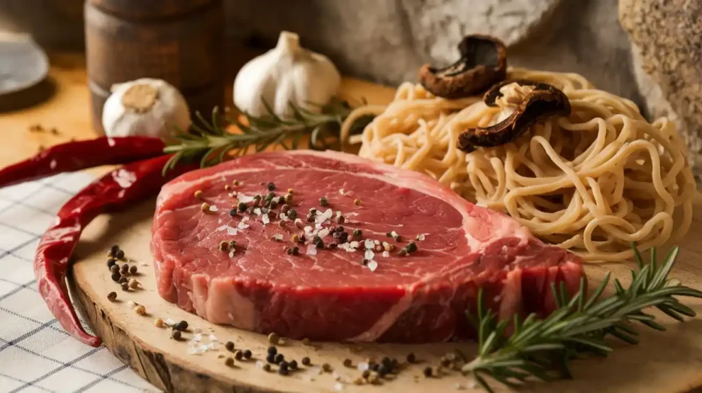 A flat-lay photo of fresh flank steak, uncooked noodles, and vegetables like garlic, ginger, and green onions, arranged on a rustic wooden table.