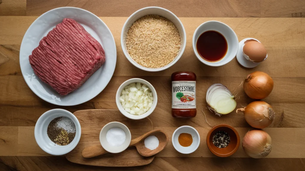 A wooden countertop with ingredients for an old fashioned Salisbury steak recipe, including ground beef, breadcrumbs, a cracked egg, onions, garlic, Worcestershire sauce, and seasonings.