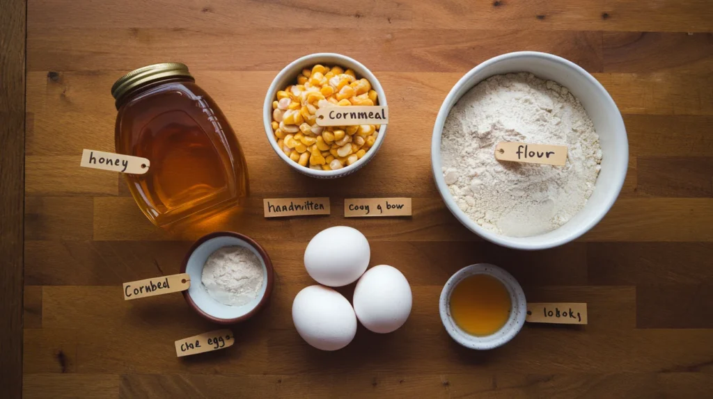 Flat-lay view of honey cornbread ingredients, including a jar of honey, a bowl of cornmeal, flour, and eggs, arranged on a wooden kitchen table with labeled tags