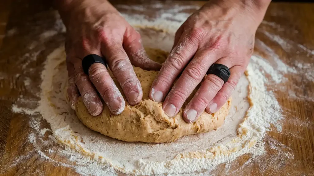 Baker's hands gently kneading einkorn sourdough dough on a floured wooden surface