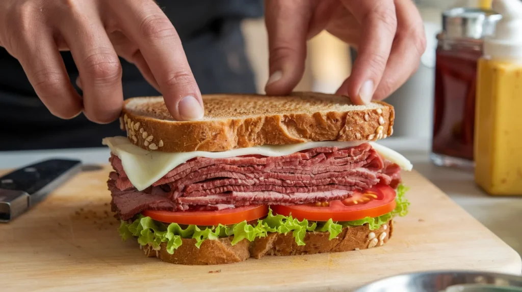 Hands assembling a deli sandwich with layers of roast beef, melted Swiss cheese, fresh lettuce, and tomato slices on toasted rye bread. A cutting board and condiments are visible in the background.