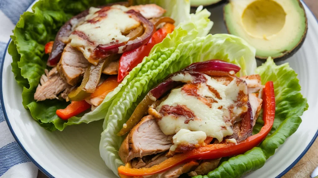 Low-carb chicken Philly cheesesteak served in lettuce wraps, filled with sautéed chicken, colorful bell peppers, caramelized onions, and melted Provolone cheese, on a white plate with sliced avocado