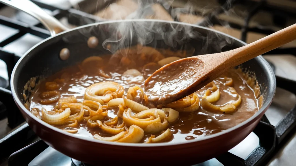 A skillet with golden caramelized onions simmering in rich brown gravy, stirred with a wooden spoon, capturing the process of making gravy for Salisbury steak.