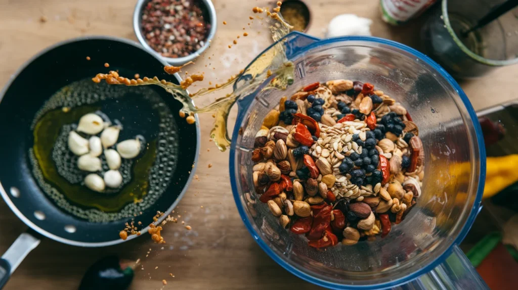 An overhead view of a small pan with garlic frying in oil, alongside a blender filled with roasted nuts, dried chiles, and sesame seeds, ready to be blended.