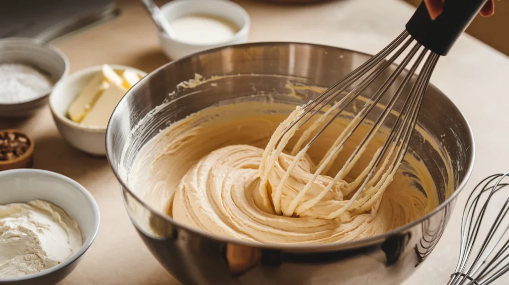 Close-up of a mixing bowl with fluffy batter made from eggs, sugar, and cream, surrounded by baking ingredients like flour and butter on a kitchen counter."