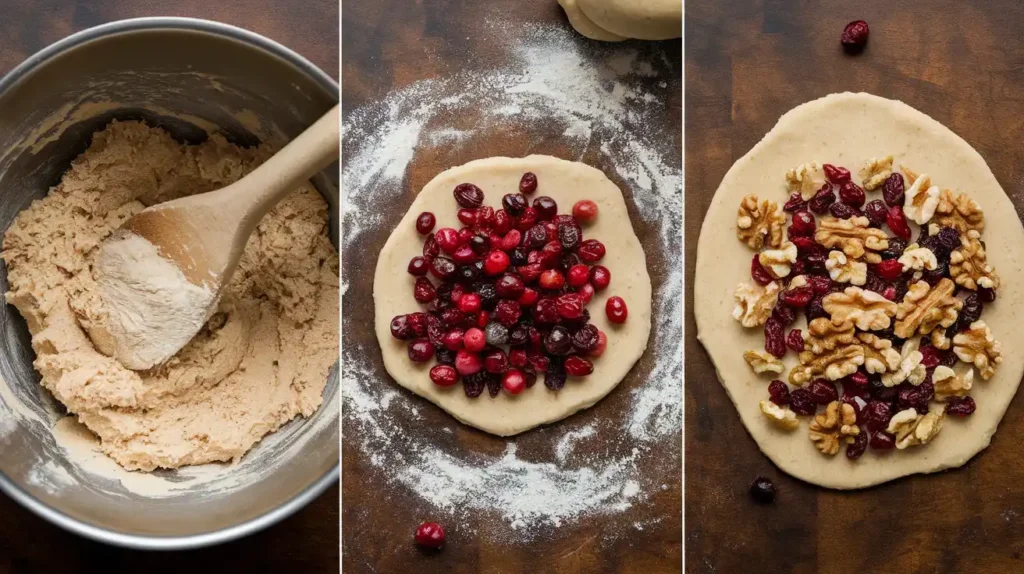 Close-up of batter being mixed with cranberries and walnuts in a bowl for cranberry walnut bread recipe