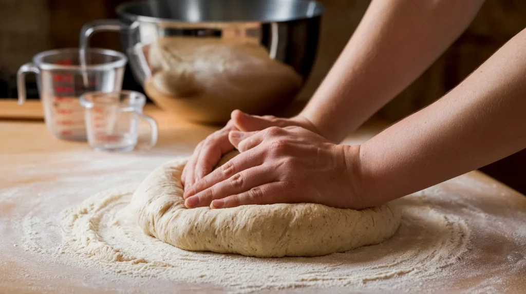 Hands kneading sourdough dough on a floured surface, with a mixing bowl and measuring cups in the background in a rustic kitchen.