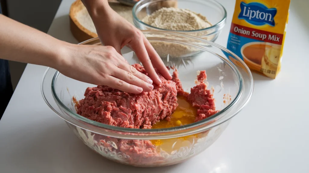 Hands mixing ground beef, breadcrumbs, and Lipton onion soup mix in a glass bowl on a kitchen counter, with additional ingredients visible in the background.