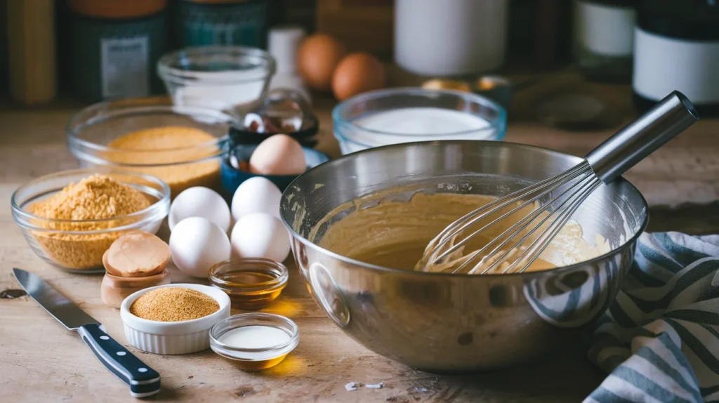 Close-up of a mixing bowl filled with honey cornbread batter, surrounded by cornmeal, honey, eggs, and milk on a rustic wooden countertop.