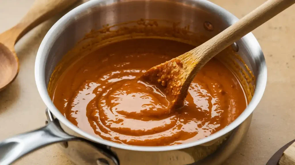 A glossy, rich Mongolian sauce being stirred in a saucepan with a wooden spoon, surrounded by ingredients like soy sauce and garlic.