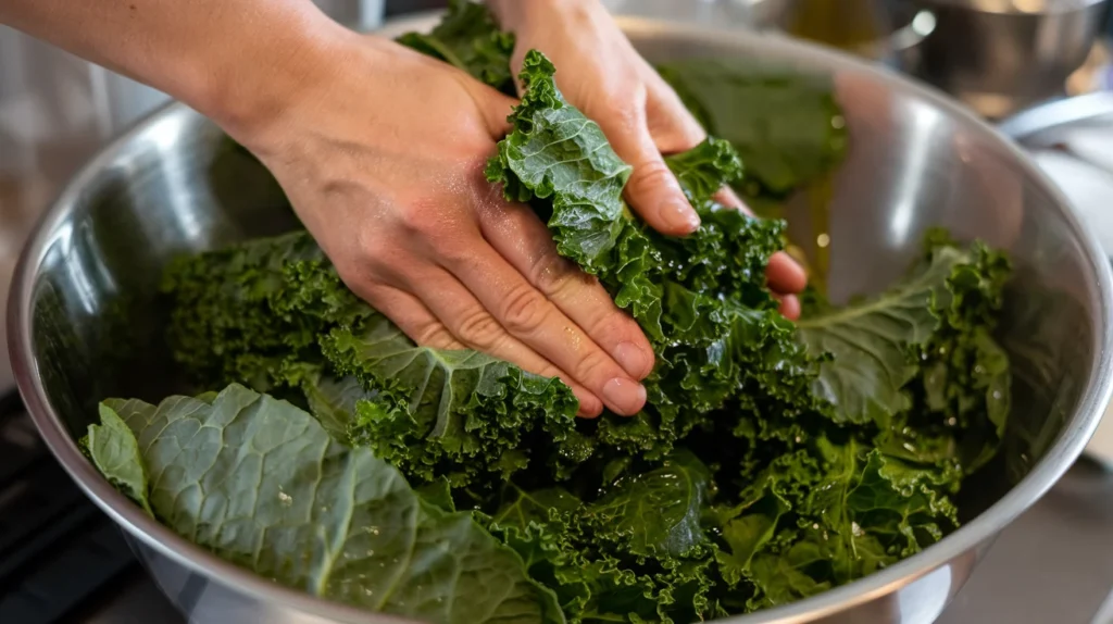 Hands massaging fresh kale leaves in a large mixing bowl with olive oil, showing the glossy and tender texture of the greens.