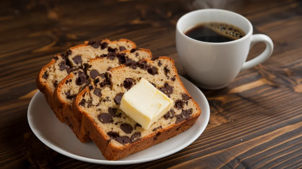 Slices of chocolate chip bread with butter and coffee.