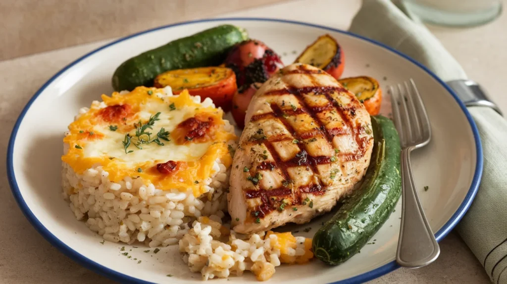 A dinner plate featuring creamy cheesy rice served alongside a grilled chicken breast and roasted vegetables, with a fork and napkin neatly placed beside the plate.