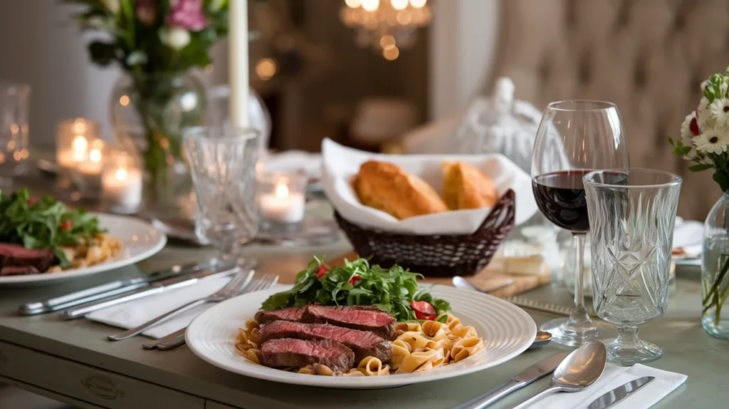 Dinner table setting with steak pasta, fresh arugula salad, garlic bread basket, and a glass of red wine in a romantic ambiance."