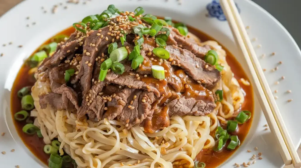 A beautifully plated bowl of Mongolian beef noodles, garnished with sesame seeds and green onions, served alongside chopsticks and a glass of green tea.