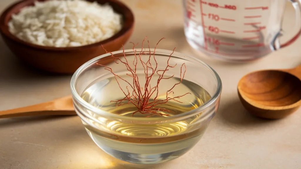 Glass bowl of saffron threads blooming in warm water, with golden liquid spreading, next to uncooked basmati rice and a wooden spoon.