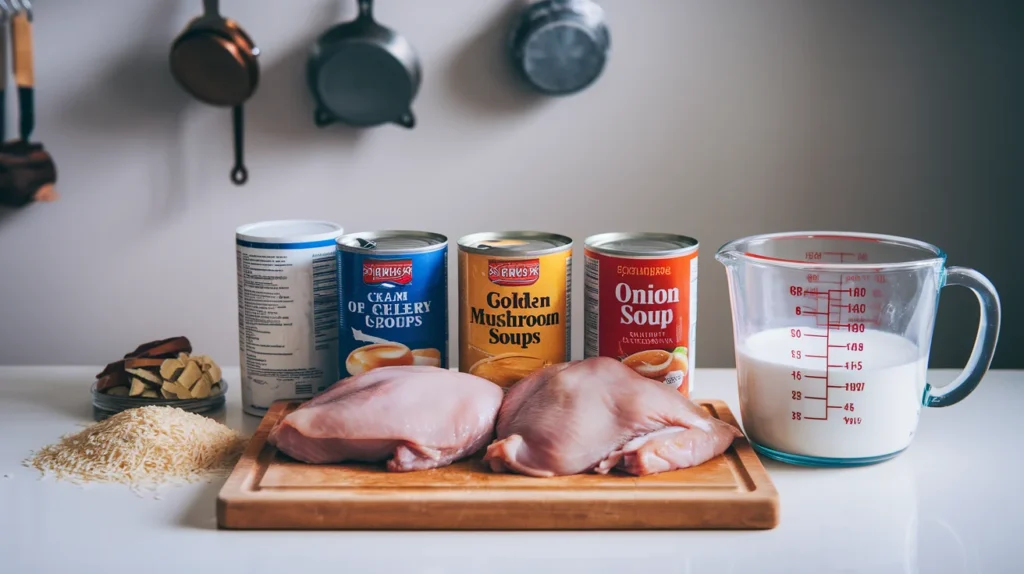 Ingredients for the forgotten chicken recipe, including raw chicken breasts, uncooked rice, cans of Cream of Celery and Golden Mushroom soups, onion soup mix, and milk, arranged neatly on a kitchen countertop.