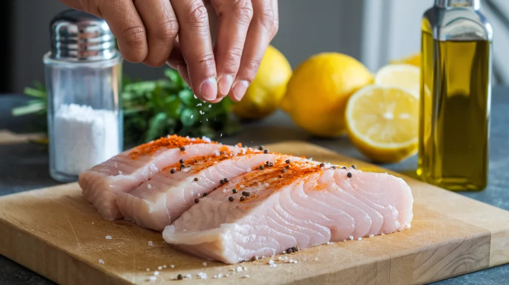 Raw halibut fillets seasoned with salt, black pepper, and smoked paprika on a wooden cutting board, with hands holding a shaker and fresh lemons, olive oil, and herbs in the background."