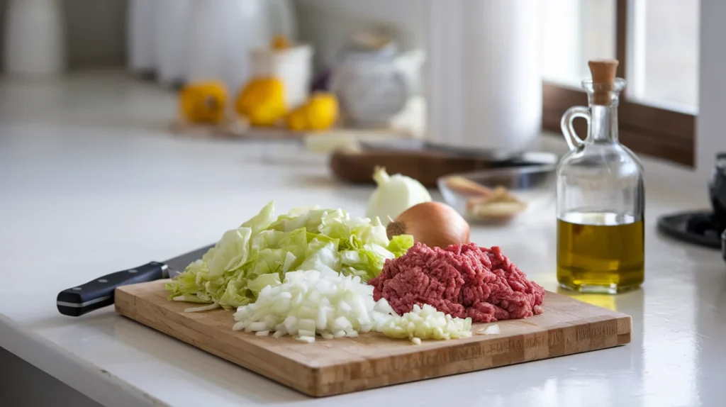 Chopped cabbage, diced onions, minced garlic, and ground beef displayed on a wooden cutting board with a knife and olive oil bottle, ready for cooking a ground beef cabbage recipe.