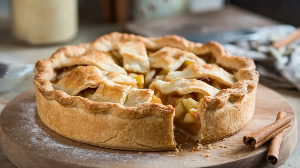 A freshly baked golden apple pie being sliced into small chunks on a wooden cutting board, with cinnamon sticks and a light dusting of flour surrounding it