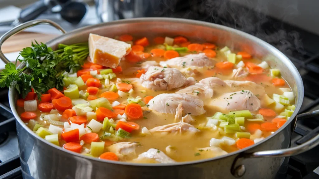 A pot on a stovetop with chicken, diced vegetables, parsley, and Parmesan rind simmering in broth, with steam rising and kitchen utensils visible in the background."