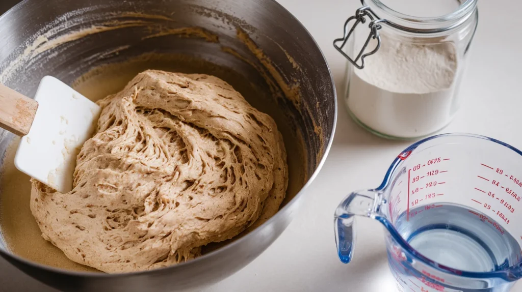 "A sticky, wet einkorn bread dough being mixed with a spatula in a bowl, with a jar of einkorn flour and a measuring cup on a kitchen counter."