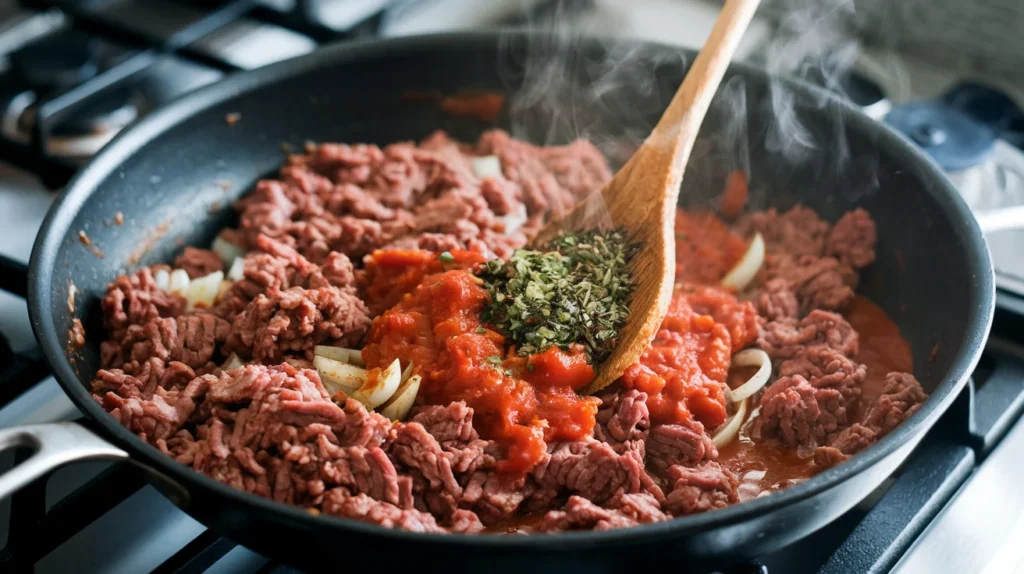 Close-up of a skillet on the stovetop with ground beef and onions being browned, mixed with tomato sauce and seasonings, creating a rich and savory filling for stuffed bell peppers.