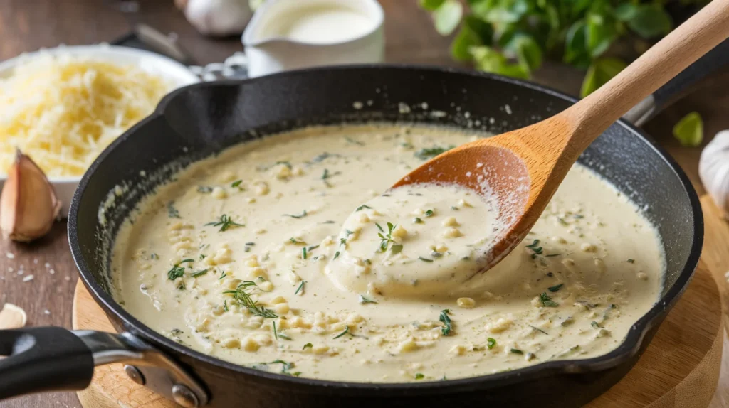 A skillet with bubbling garlic parmesan sauce being stirred with a wooden spoon, surrounded by ingredients like grated parmesan, garlic cloves, and a small pitcher of cream.