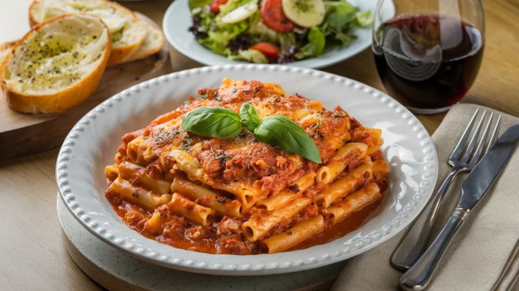 A plated slice of meatless baked ziti on a white ceramic plate, garnished with fresh basil, served alongside a crisp salad and garlic bread. A glass of red wine completes the setting