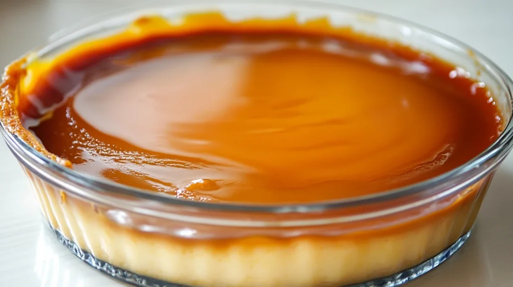 Raw flan custard mixture poured over caramel in a glass baking dish, ready for the oven.