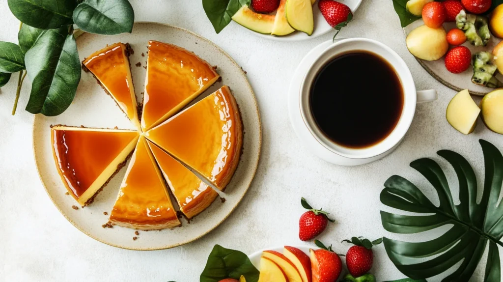 A slice of Puerto Rican flan recipe served with fresh tropical fruits and a drizzle of caramel sauce on a dessert plate