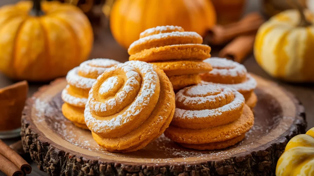 Golden-brown pumpkin spice Madeline cookies dusted with powdered sugar, displayed on a rustic wooden plate with small pumpkins and cinnamon sticks in the background."