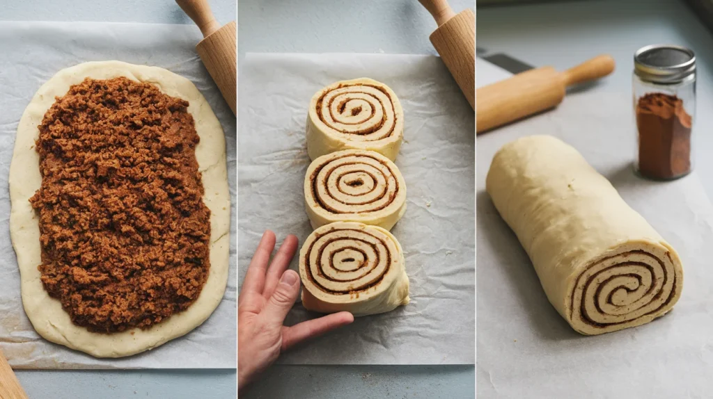 Rolled-out sourdough dough spread with buttery cinnamon-sugar filling, with a rolling pin and jar of cinnamon on a clean countertop