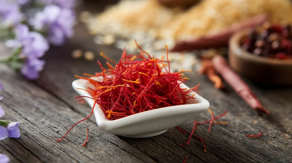 Close-up of vibrant saffron threads in a small white dish on a wooden table, surrounded by cooking ingredients like rice and spices