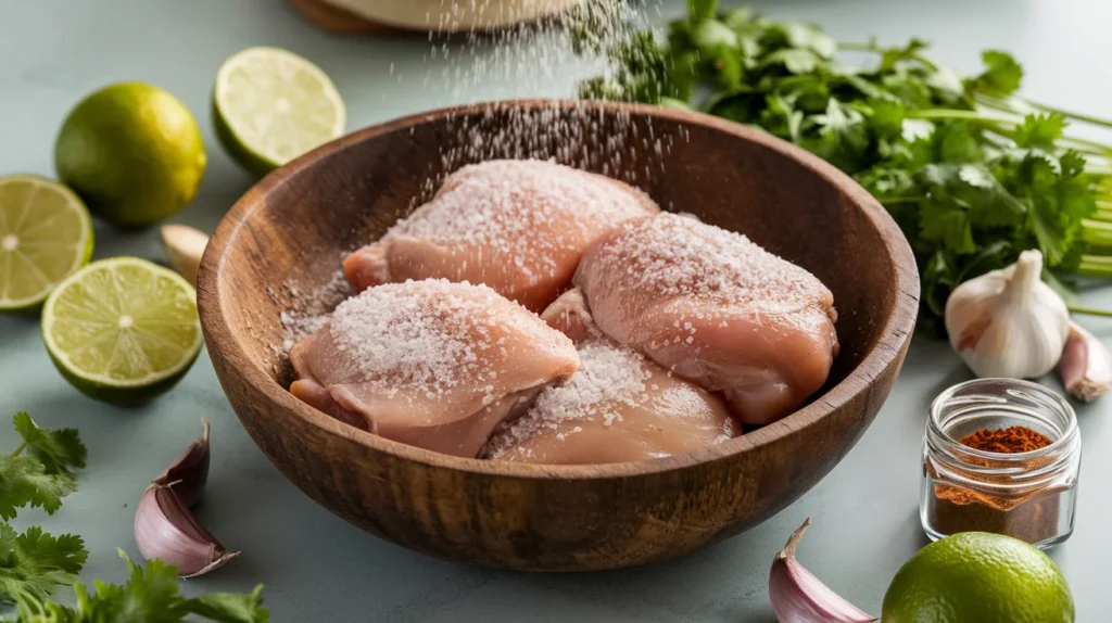 Raw chicken thighs sprinkled with coarse salt in a wooden bowl, surrounded by lime halves, cilantro, garlic, and chili powder on a rustic kitchen counter.