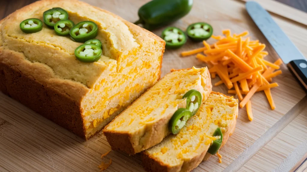 Freshly baked jalapeño and cheddar cornbread loaf, sliced to reveal its cheesy interior, displayed on a wooden cutting board with diced jalapeños and shredded cheddar.