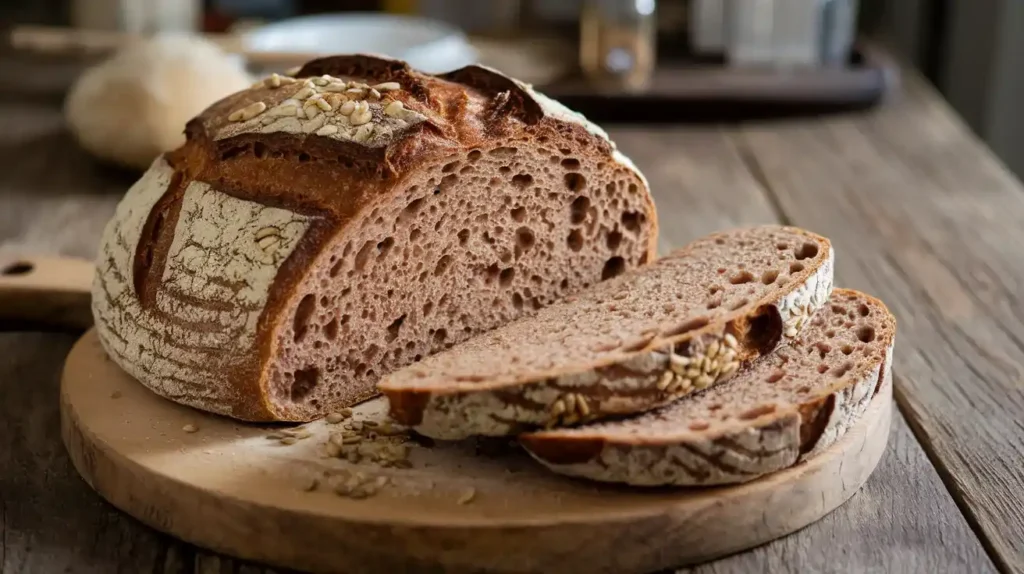 Einkorn sourdough bread topped with seeds and nuts, resting on a rustic wooden table