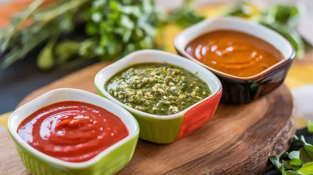 A variety of chicken sauces, including marinara, chimichurri, and teriyaki, displayed in small bowls.