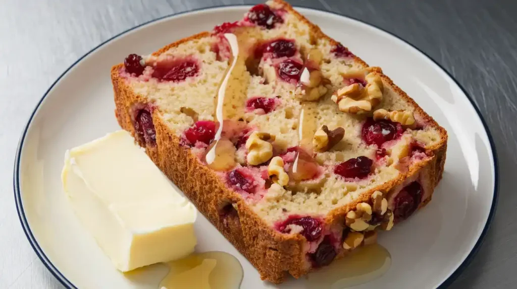 Slice of cranberry walnut bread topped with melting butter and honey on a plate